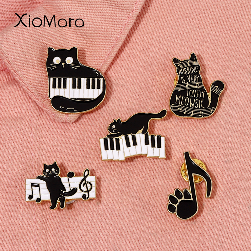Musical Instrument Jewelry - Black Cat with Piano Keys Enamel