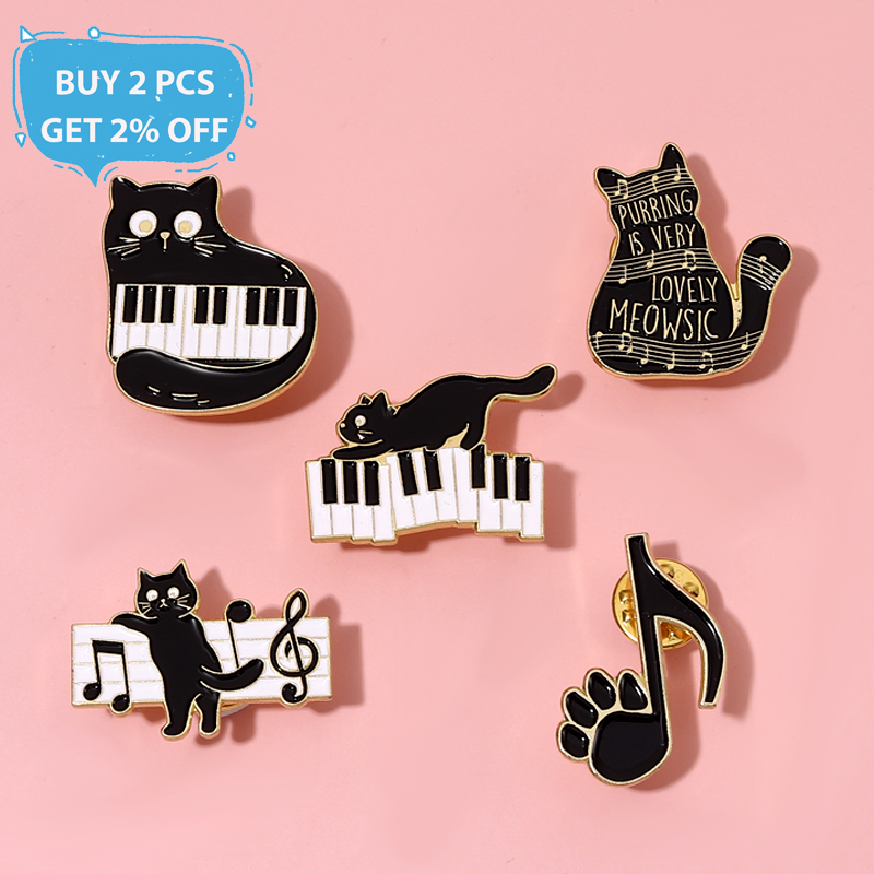 Black Cat with Piano Keys Enam - Musical Instrument Jewelry ulasan dan harga